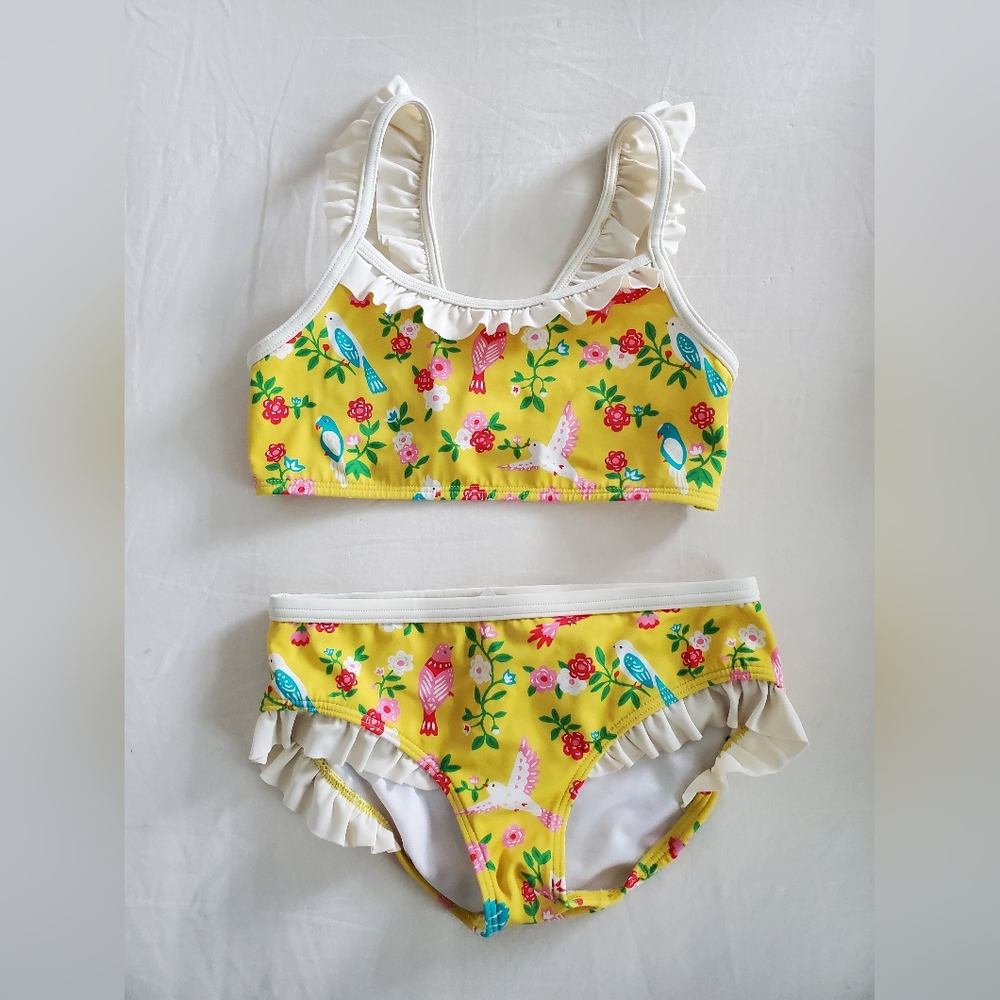 Boden Yellow & White Ruffled Bird And Floral Print Bikini Girls Size 8-9y